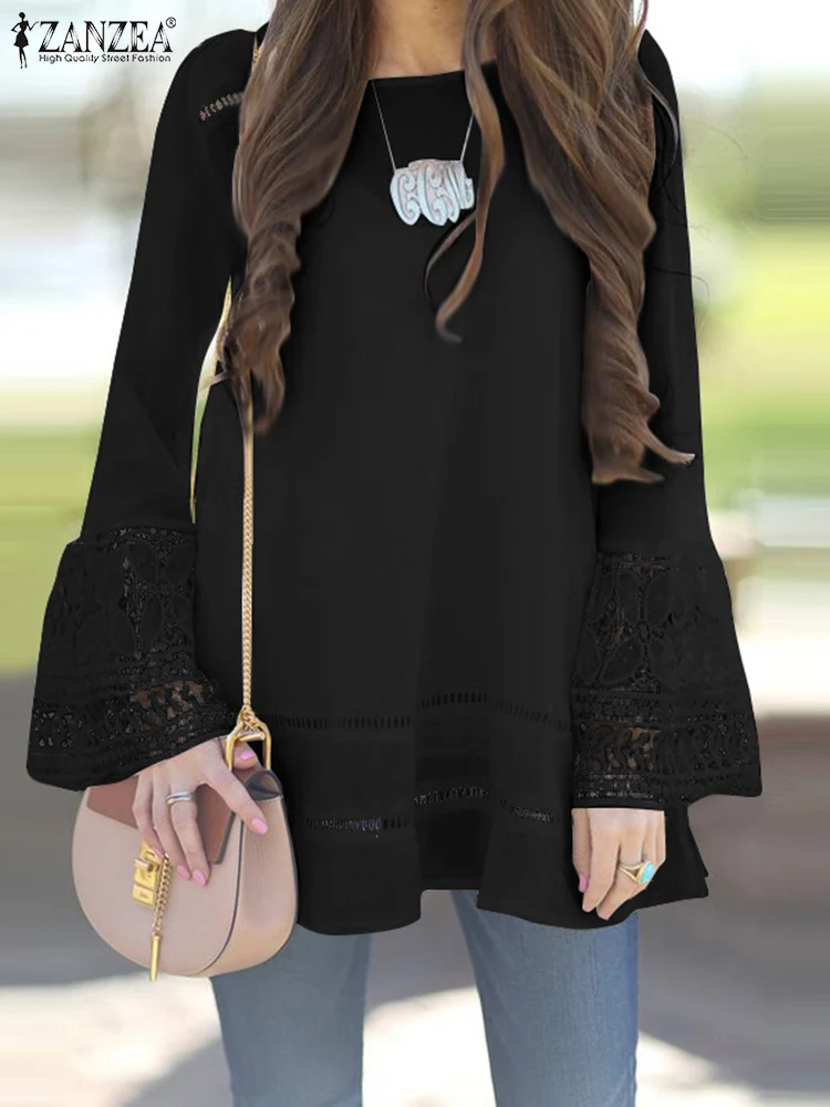 

ZANZEA Long Sleeve Lace Crochet Hollow Out Blusas Women Spring Solid Blouse Femme Fashion Casual Elegant Holiday Oversized Tunic