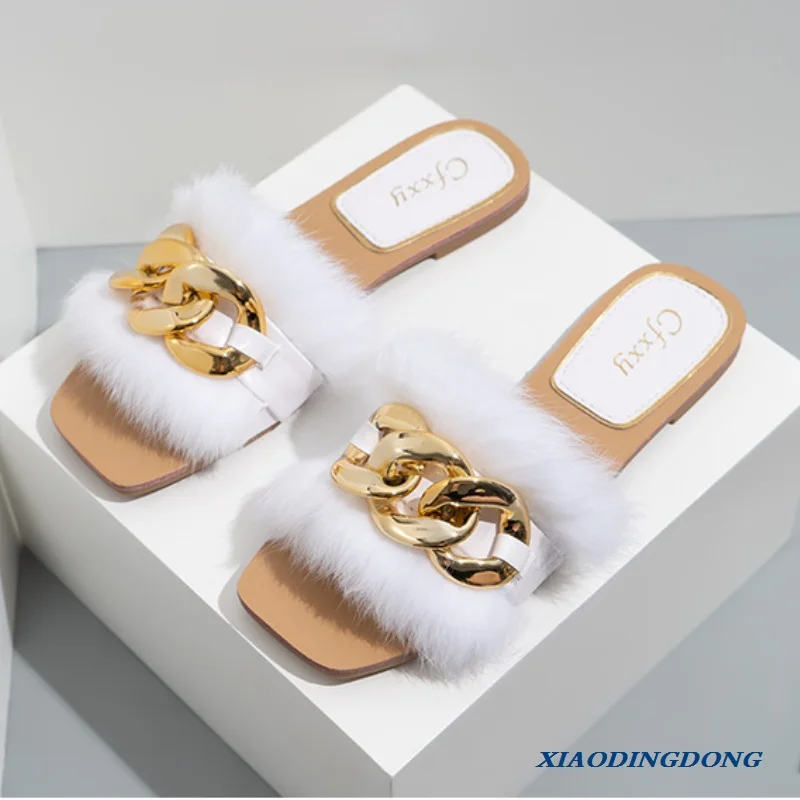 

Fashion Chain Plush Furry Fluffy Woman Sandals White Flat with Outdoor Slides Fur Summer Shoes Beach Sandals Big Size 37-42