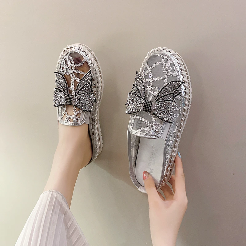 

2022 Summer New Fashion Casual Shoes Wedge Sandals Comfortable Platform Slippers Women's Shoes Bow Decoration Rhinestones Basic