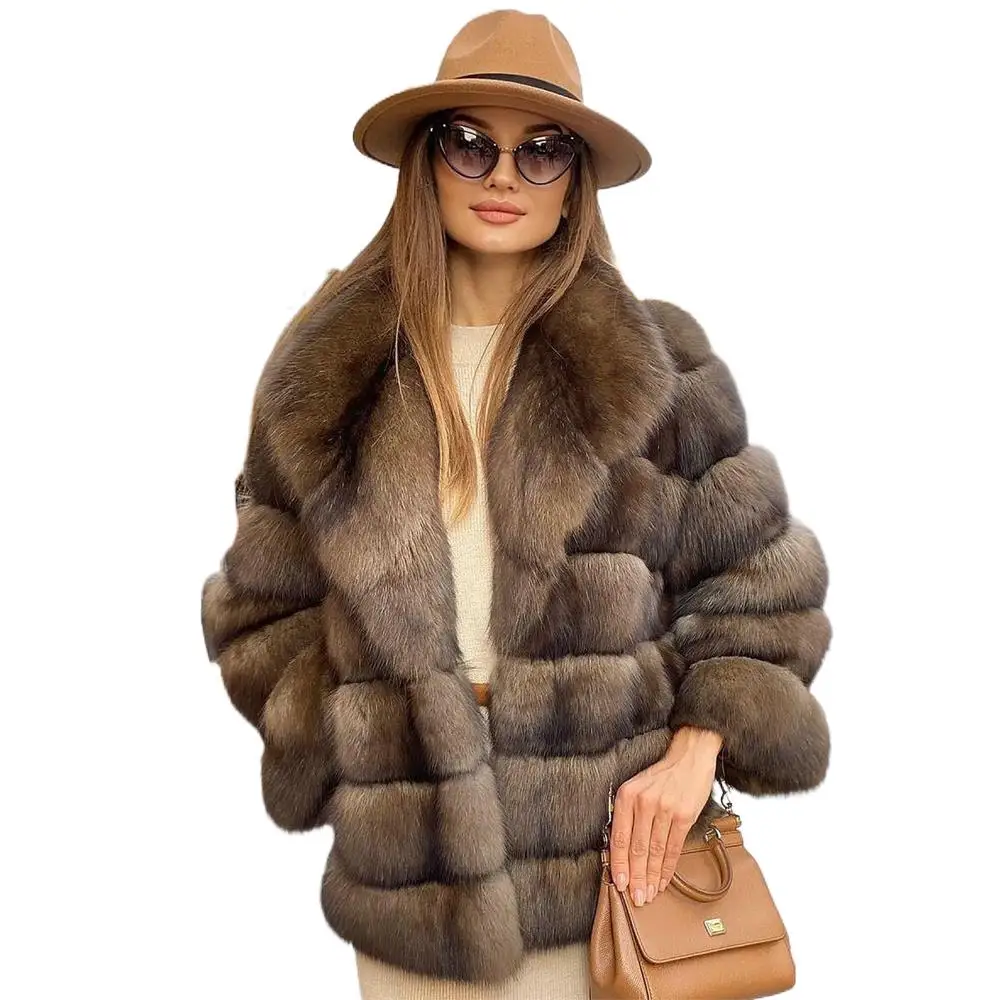 Woman Light Sable Color Natural Fox Fur Jacket Winter New Whole Skin Genuine Fox Fur Coats Mid-length Casual Fur Overcoats enlarge