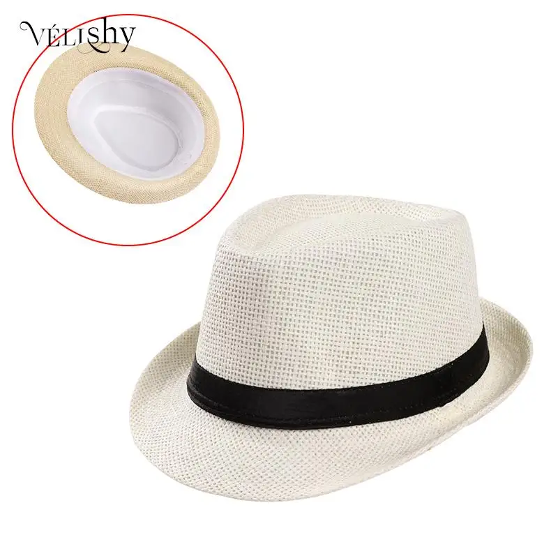 

2023 Summer Women Ribbon Patchwork Sun Straw Hat Men Crimping Panama Shade Cap Beach Protection Unisex Bonnet Hats