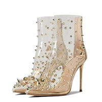 2022 new woman fashion clear pointy stiletto heel boots glitter metallic rivet transparent pvc ladies zipper shoes high heel