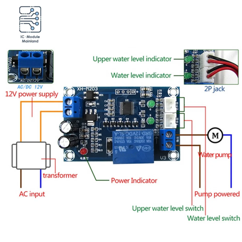 XH-M203 Water Level Controller Board AC/DC 12V Relay Module Pump Switch Sensors Automatic For Smart Home Application