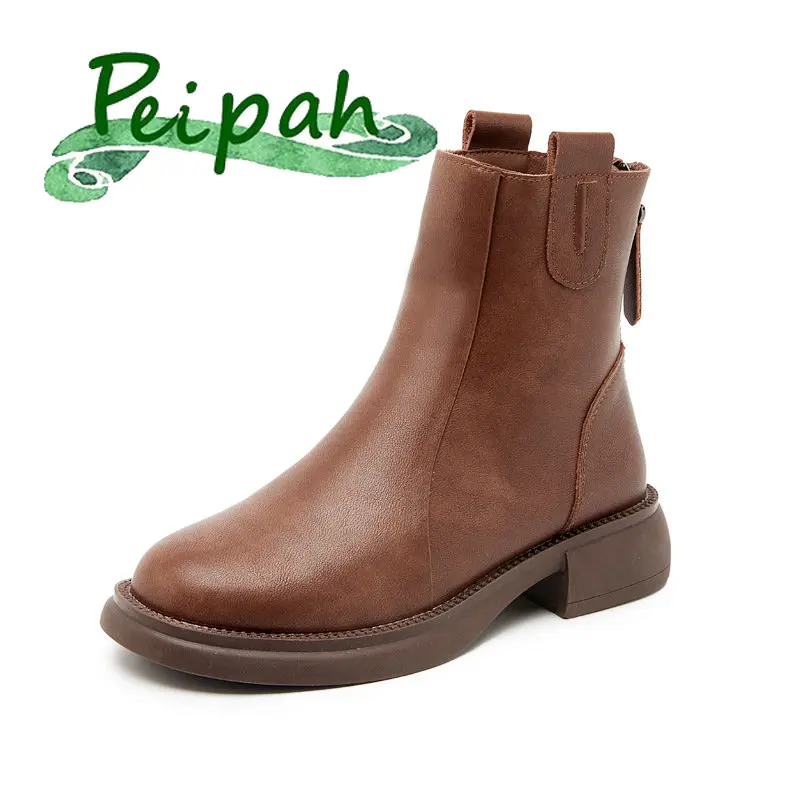 

PEIPAH/Модная зимняя обувь из натуральной кожи для женщин; Слипоны; Резиновые ботильоны; Женские повседневные однотонные ботинки «Челси» в сти...