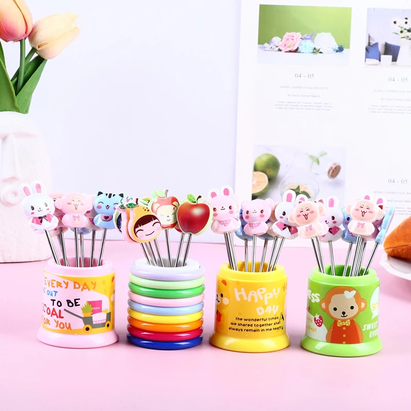 

8Pcs Animal Stainless Steel Dessert Fruit Forks With Holder Kids Snack Cake Dessert Pick Toothpick Bento Lunch Party Decor New