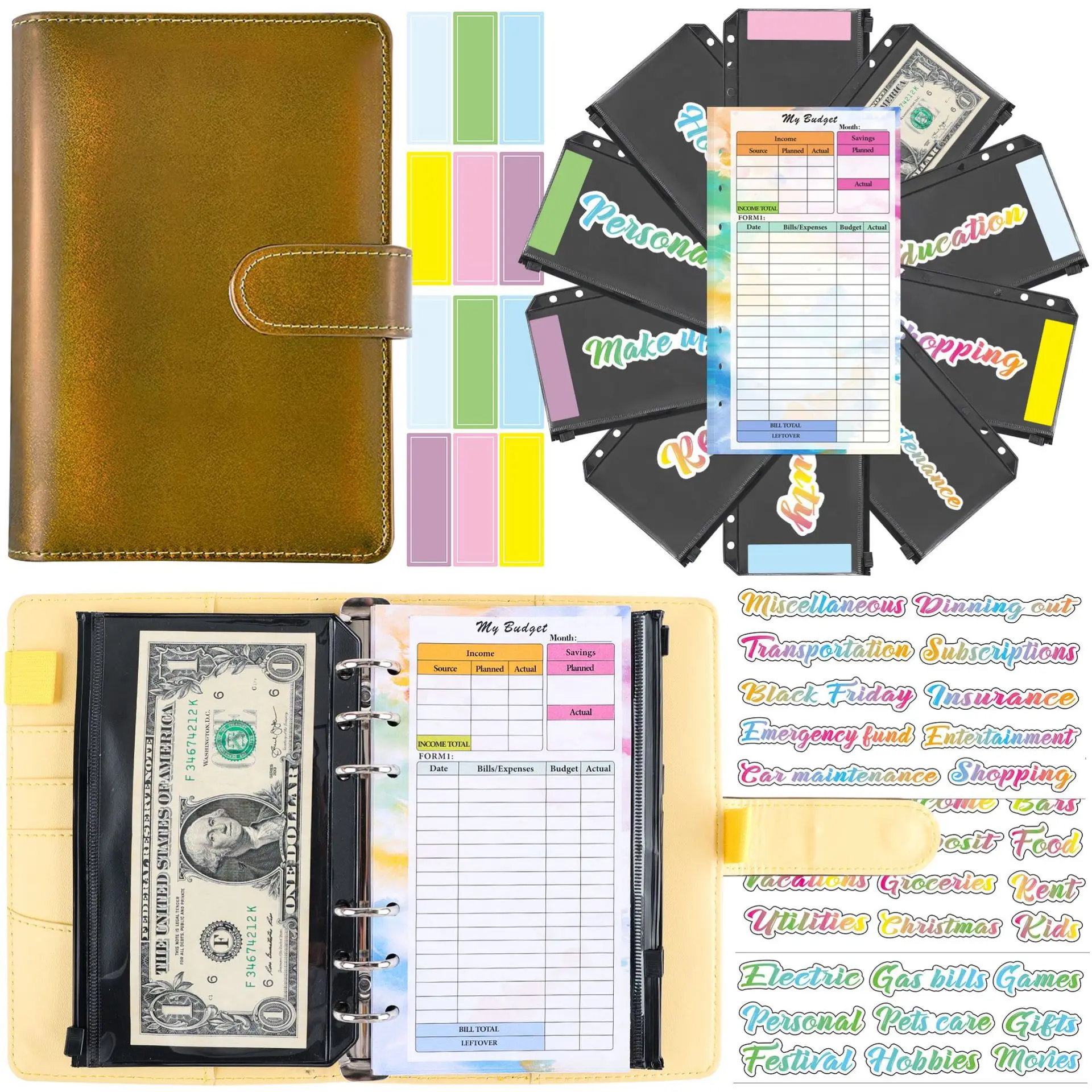 

A6 Glitter Money Budget Planner Binder With 10Pcs Zipper Envelopes Cash Envelopes For Budgeting Money Organizer For Budget Binde