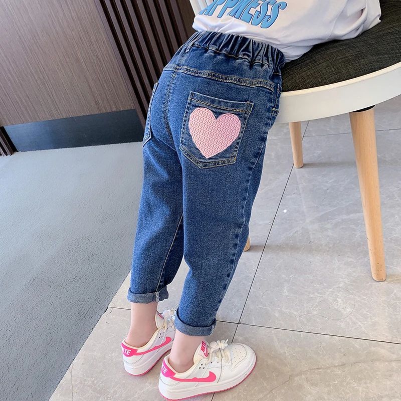 

Spring Autumn New Girls High Waist Heart Jeans Trousers Cotton Casual Baby Feet Pants Teenager Denim Girls Casual Style Clothes
