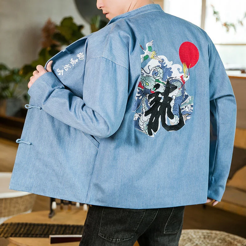 

MrGB Chinese Style Men's Denim Jacket Crane Dragon Embroidery Tang Suit Male Coats Vintage Clothing Casual Large Size Clothing