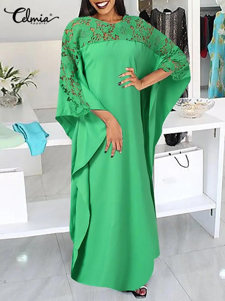 

Celmia Women Baggy Maxi Dress Casual Vintage Lace Stitching 2022 Spring Long Robes Solid O-neck Bat Sleeve Vestidos De Mujer