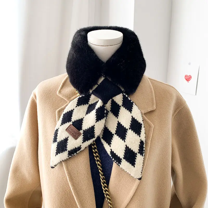 

Winter Warm Soft Rhombic Geometric Fluffy Faux Fur Collar Women Small Neckerchief Narrow Triangle Knitted Scarf