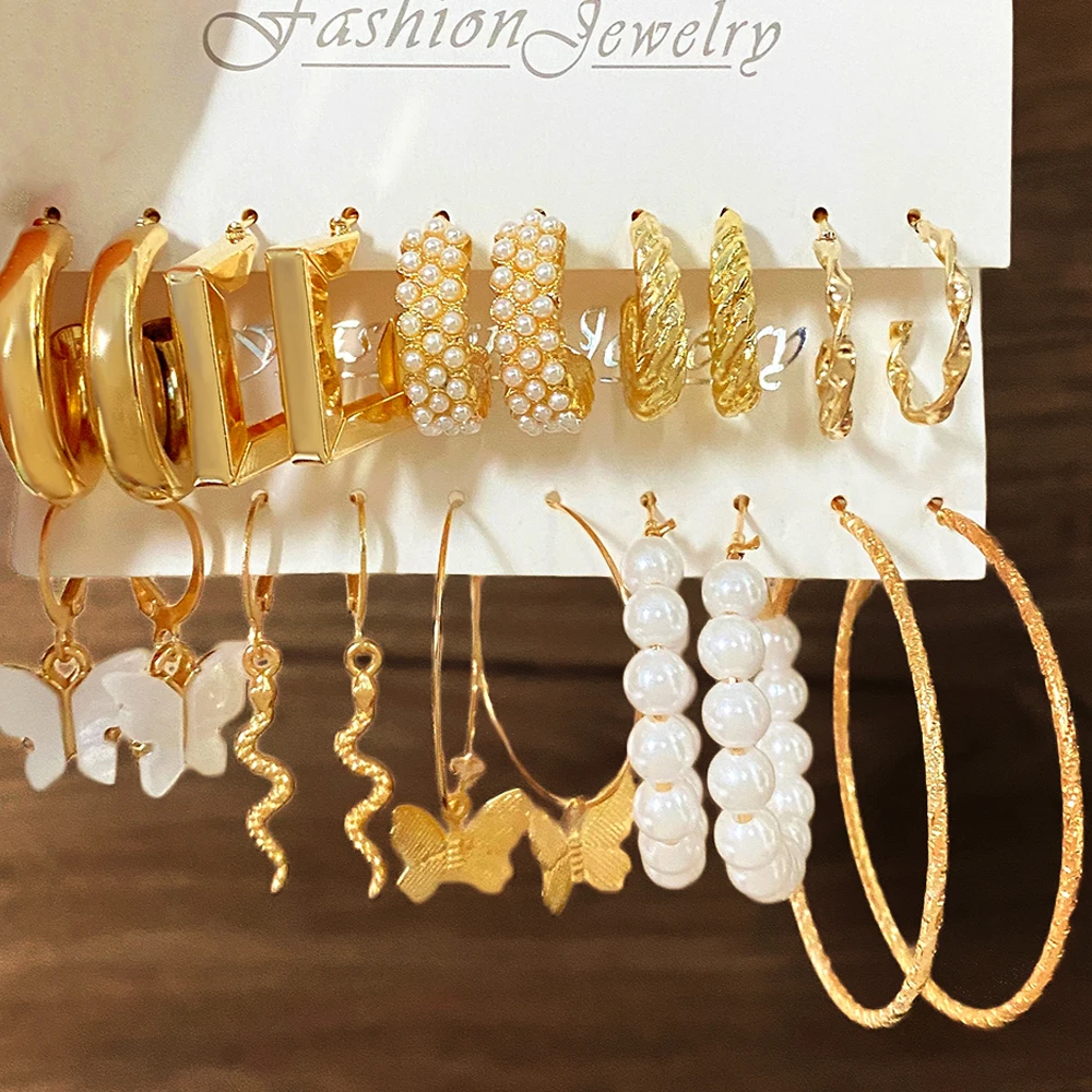 

Gold Color Butterfly Hoop Earrings Set for Women Girls 2022 Trendy Geometric Snake Pearl Metal Acrylic Earrings Jewelry Gifts