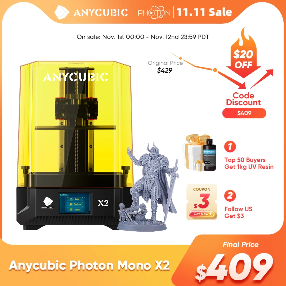 

Photon Mono X2 ANYCUBIC 3D Printer 9.1 inch 4K Monochrome LCD UV Resin Printers 3D Printing 60mm/h High Speed SLA 3D Printer