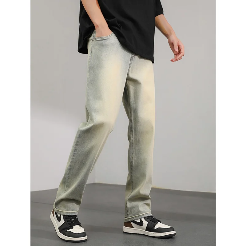 Streetwear Men 2022 New Vintage Pattern Recreational Earthy Yellow Pants Straight Cylinder Comfortable Loose Jeans Autumn Female