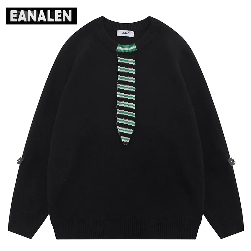 

Harajuku Vintage Embroidery Tie Jumper Sweater Men's Oversized Winter Creative Knit Pullover Grandpa Ugly Sweater Women's Y2K