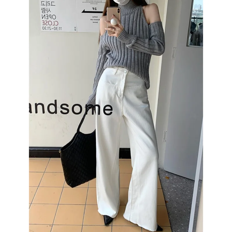 

Новые модные высококачественные тонкие джинсы нишевого дизайна с высокой талией, женские свободные прямые джинсы с эффектом потертости