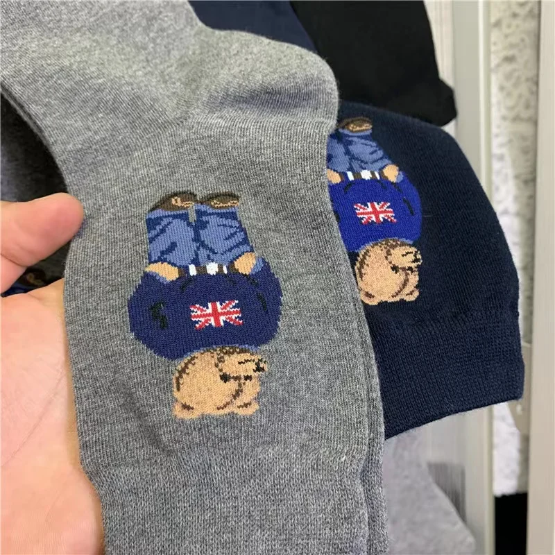 Cartoon Business Gentleman Bear Men's Socks Striped Love Cotton Harajuku Style Sport Boys Skateboard Novelty Breathable Gifts