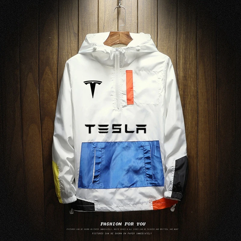 Tesla Spring Autumn Clothes Windbreaker oversize 5XL Outwear Hooded Coat Slim Parka Men's clothing Hooded Fashion Printed Jacket