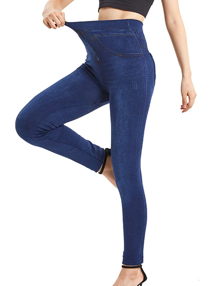 Workout Leggins Pocket Fitness Women Leggings Fashion Slim Faux Denim Jeans Casual Long Pencil Pants