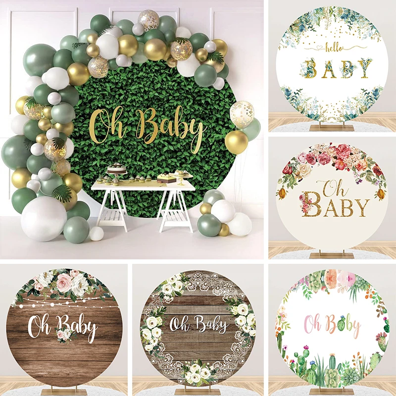 

Oh Baby Green Grass Wall Round Backdrop Cover Welcome To Baby Birthday Party Decorations Flowers Wooden Banner Circle Background