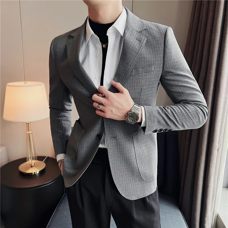 High-end Fabric Plaid Men Blazers Casual Slim Business Suit Jacket Wedding Groom Dress Coat Streetwear Social Blazer Masculino