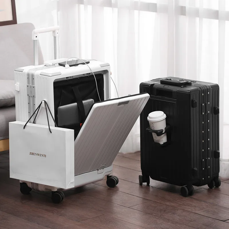 

New Multifunctional Charging Luggage Cup Holder Aluminum Frame Suitcase Business Boarding Walizka 20 Inches Mala De Bordo