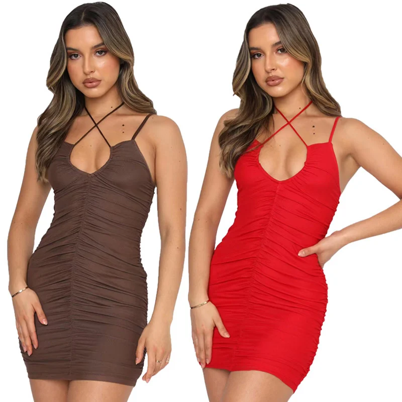 

2022 Fashion Women Sexy Summer Bodycon Mini Pleated Dress Night Club Party Long Sleeve Backless Cut Out Dresses Vestidos Clothes