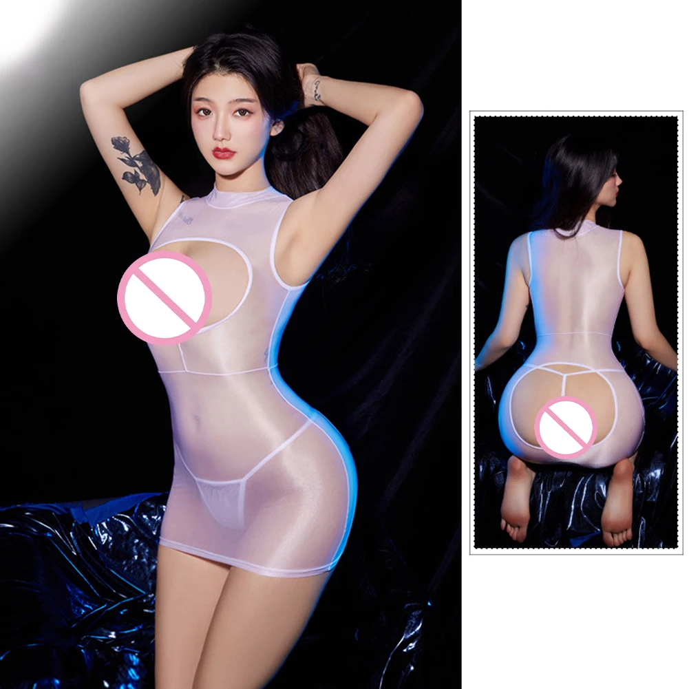 

Open Breast Open Butt Stretchy Mini Dress Womens Glossy See Through Bodycon Dress Stretchy Cupless G-string Lingerie Nightdress