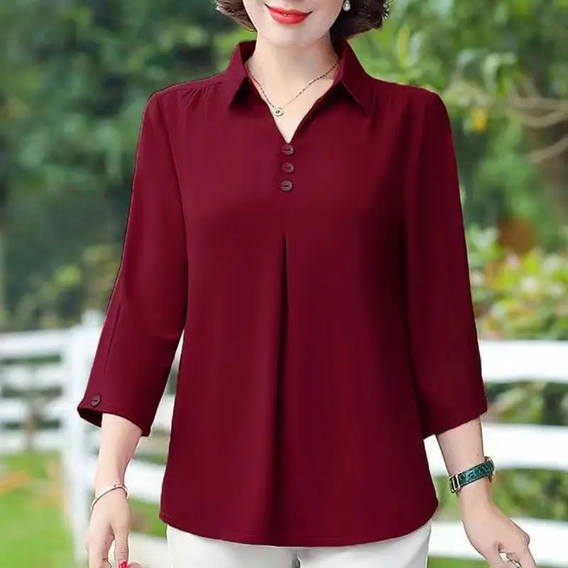 

Women's Clothing Korean Fashion Ruffled Elegant Half Sleeve Loose Blouses Summer V Neck Solid Simple Casual Shirts Blusas Mujer