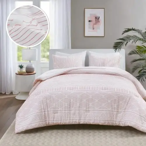 

100% Cotton Comforter Set Clipped Jacquard Geometric Mid Century Design, Down Alternative, All Season Modern Bedding, Matching S
