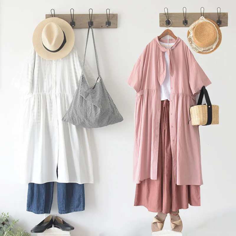 

French Retro Literary Design Sense Tie Tie Japanese Loose Solid Color Summer Women's Short-sleeved Cotton Dress