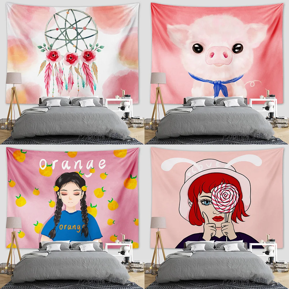 

70x100cm Nordic Style Decorative Tapestry Fixed Hanging Cloth Live Background Wall Cloth Flamingos Girl Green Plant Mandala