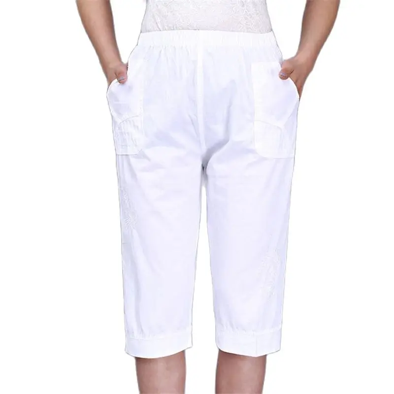 Woman Spring Hot Sale 100% Cotton Pants Female Summer Thin Trousers Women Elastic Waist Capris Lady Knee Length