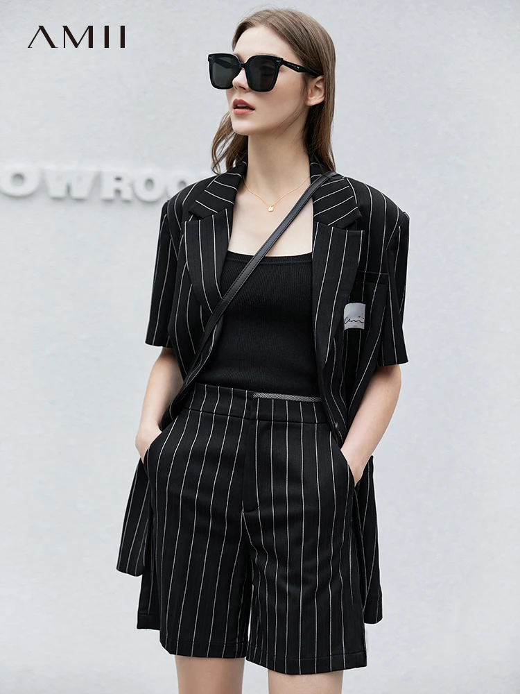 

Amii Minimalist Suit Jacket for Women Summer Short Sleeve Striped Blazer Coat Casual Shorts Pants Office Lady Blazers 12240114