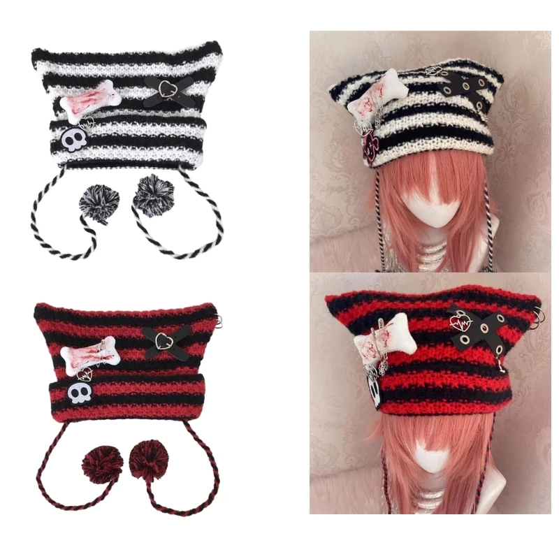 

Pink Girl Y2K-theme Party Hat Knitted Hat Balaclava Hat Thicken Devil Hat Striped Hat Harajuku Photo Prop