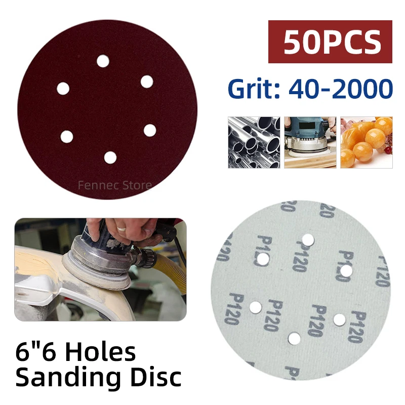 

Orbit Sander Sandpaper 6 Inch 6 Hole Sanding Discs Hook Loop Adhesive Sandpaper 40-2000 Grits Sanding Disc Polishing Tools