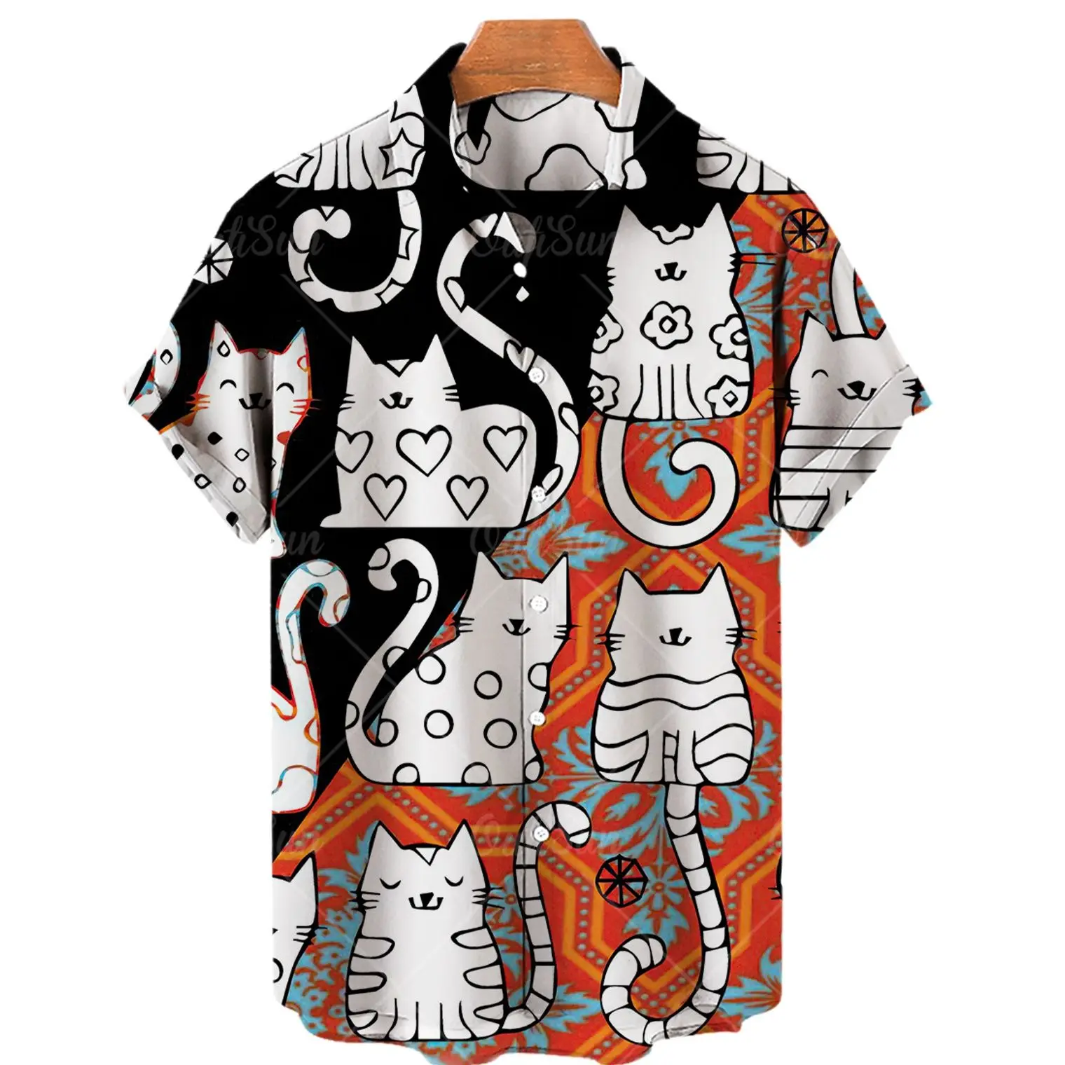 2022 Hawaiian Shirt Cat Print Abstract Pattern Short Sleeve Loose Oversized Shirts Men and Women Summer Beach Casual Shirt Tops