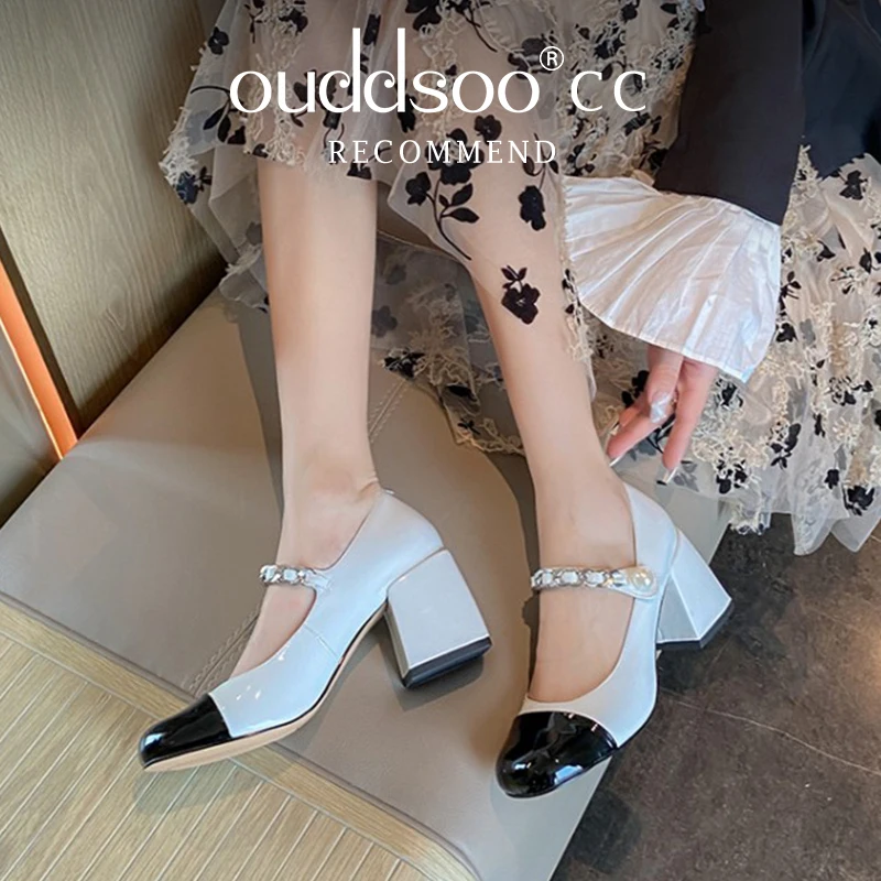 Ods Metallic Casual Luxury Pink Chunky High Heels Women Shoes Round Toe Sweet Chain Strap Party Lady Patchwork Dress Pearl 4143