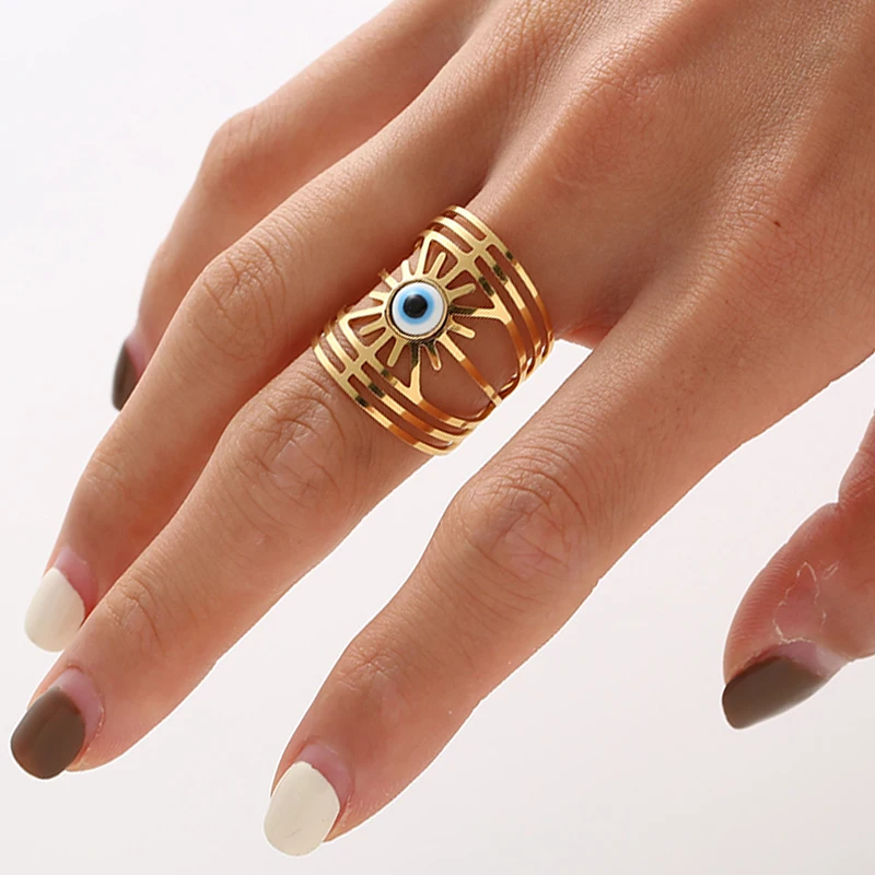 

Luxury 14K Gold Plated Stainless Steel Rings Finger Party Wedding Jewelry Wide Evil Eyes Rings Engagement Rings for Women