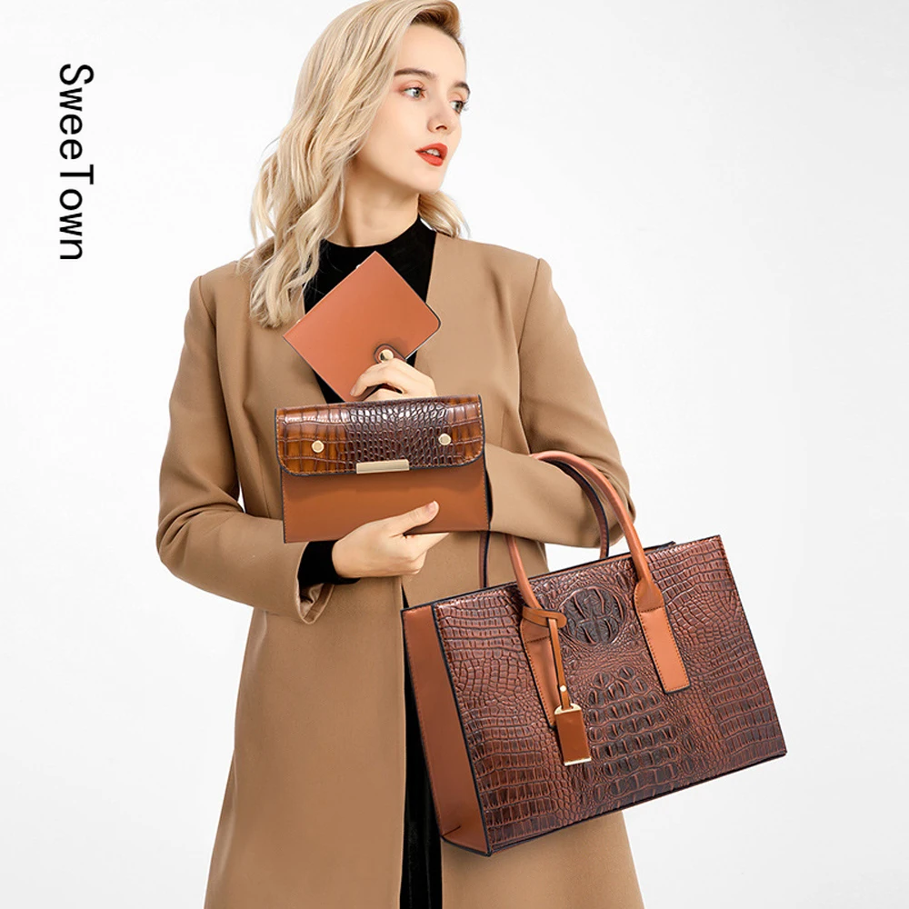 

Sweetown Fashion Women Shoulder Bag Composite Bag 2022 New Crocodile Pattern Casual Tote Bag Purses And Crad Pack High Quality