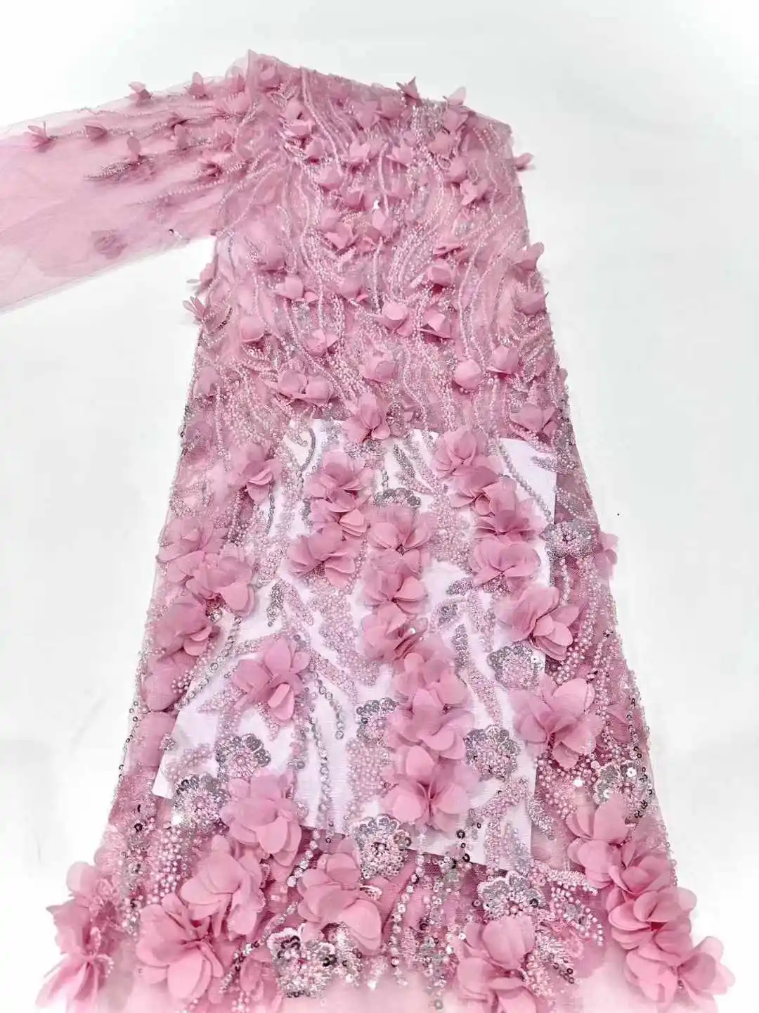 Новейшая французская кружевная ткань с 3D цветами и блестками 2024