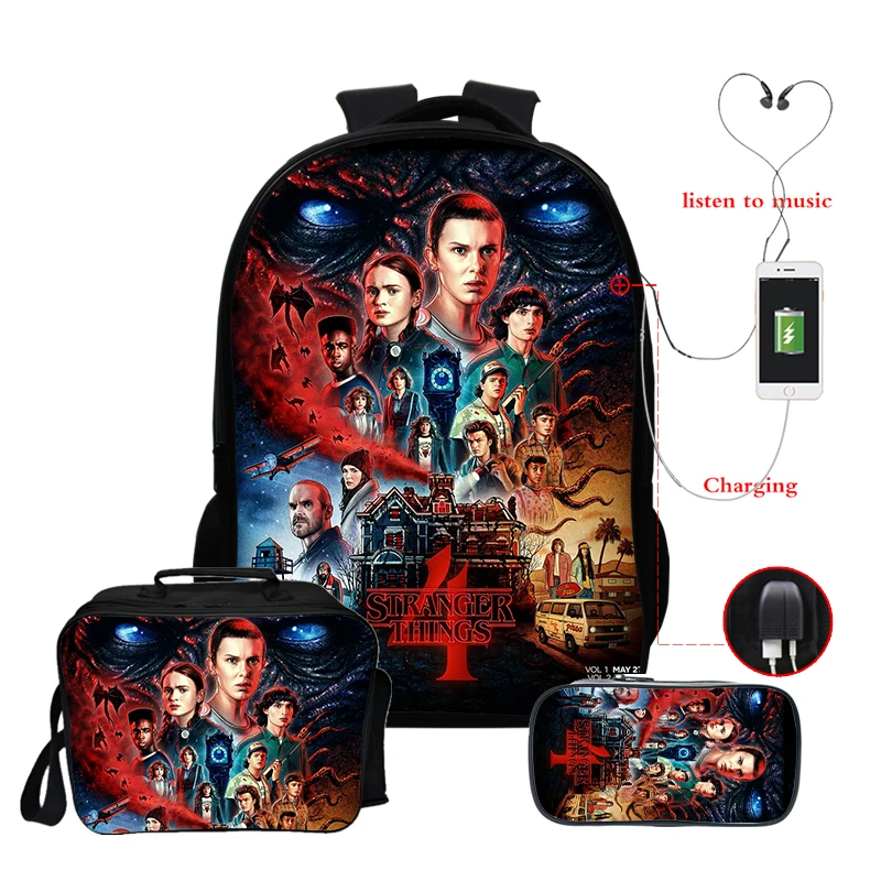 

hot movie season 4 Backpacks 3d Backpacks 16 Inch Usb Boys Girls Bookbags 3pcs/sets Teenager Backpack with Pencil Case Lunch Bag