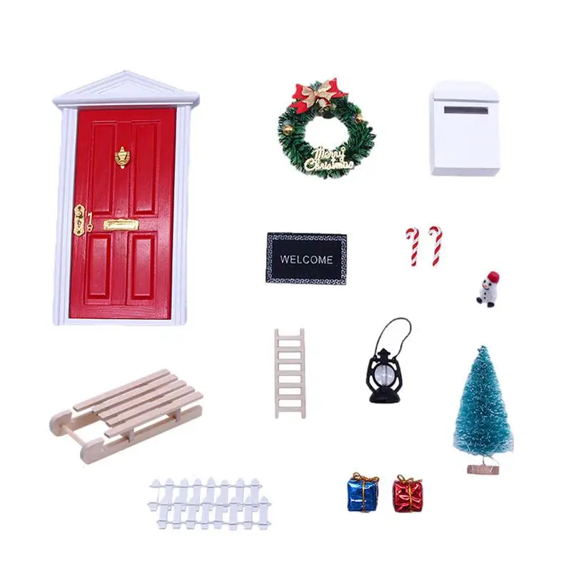 

1 Set Dollhouse Door Christmas Decor Fake Lights Sleigh Wreath Mini Xmas Tree Fairy Toyhouse Mini Christmas Scene Model Decor