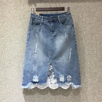 2022 summer women fashion retro lace denim skirts girls high waist all match pockets split knee length jeans skirts