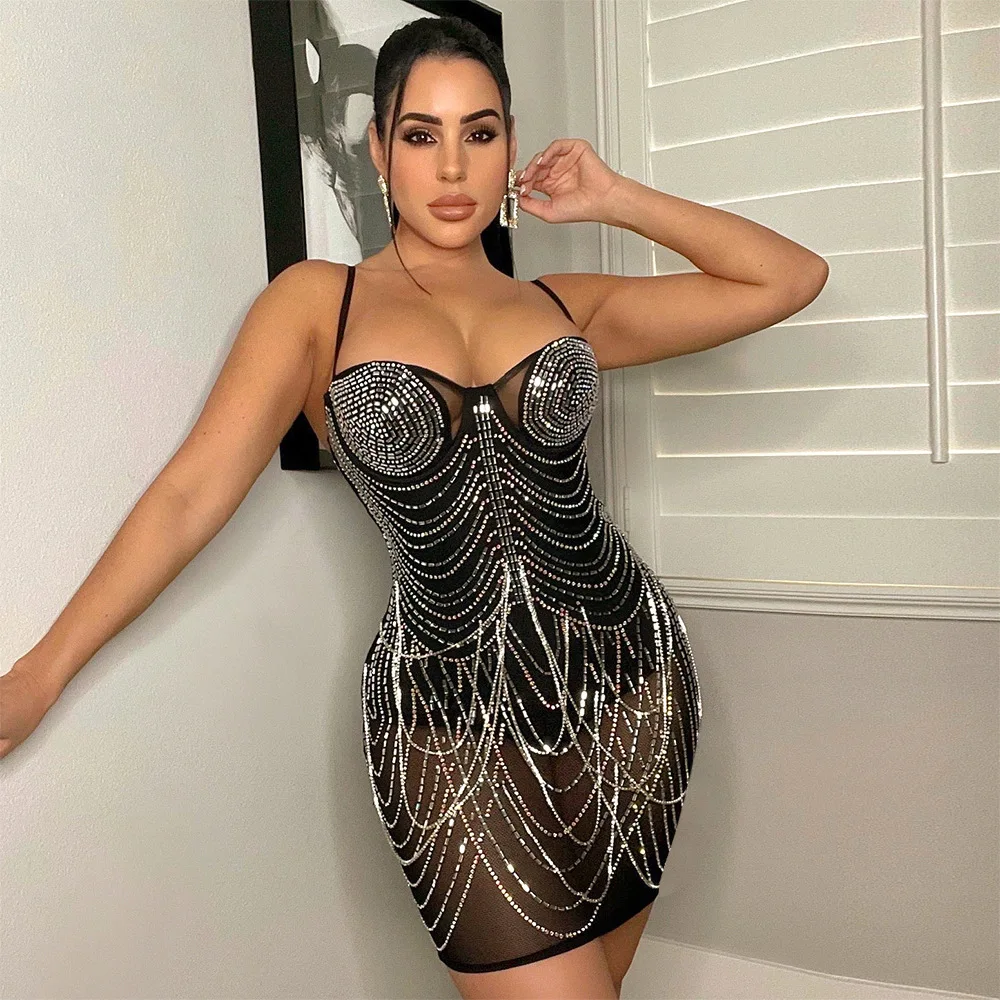 

Casaul Women Dimaond Sheer Dress Spaghetti Strap See Through Party Night Clubwear Dresses For Women Vestidos