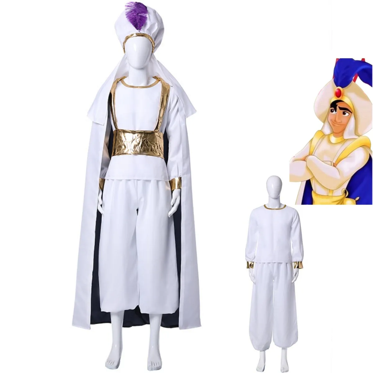 

Anime Movies Aladdin Magic Lamp Prince Cosplay Costume White Cloak Uniform Adult Kids Man Woman Halloween Carnival Suit