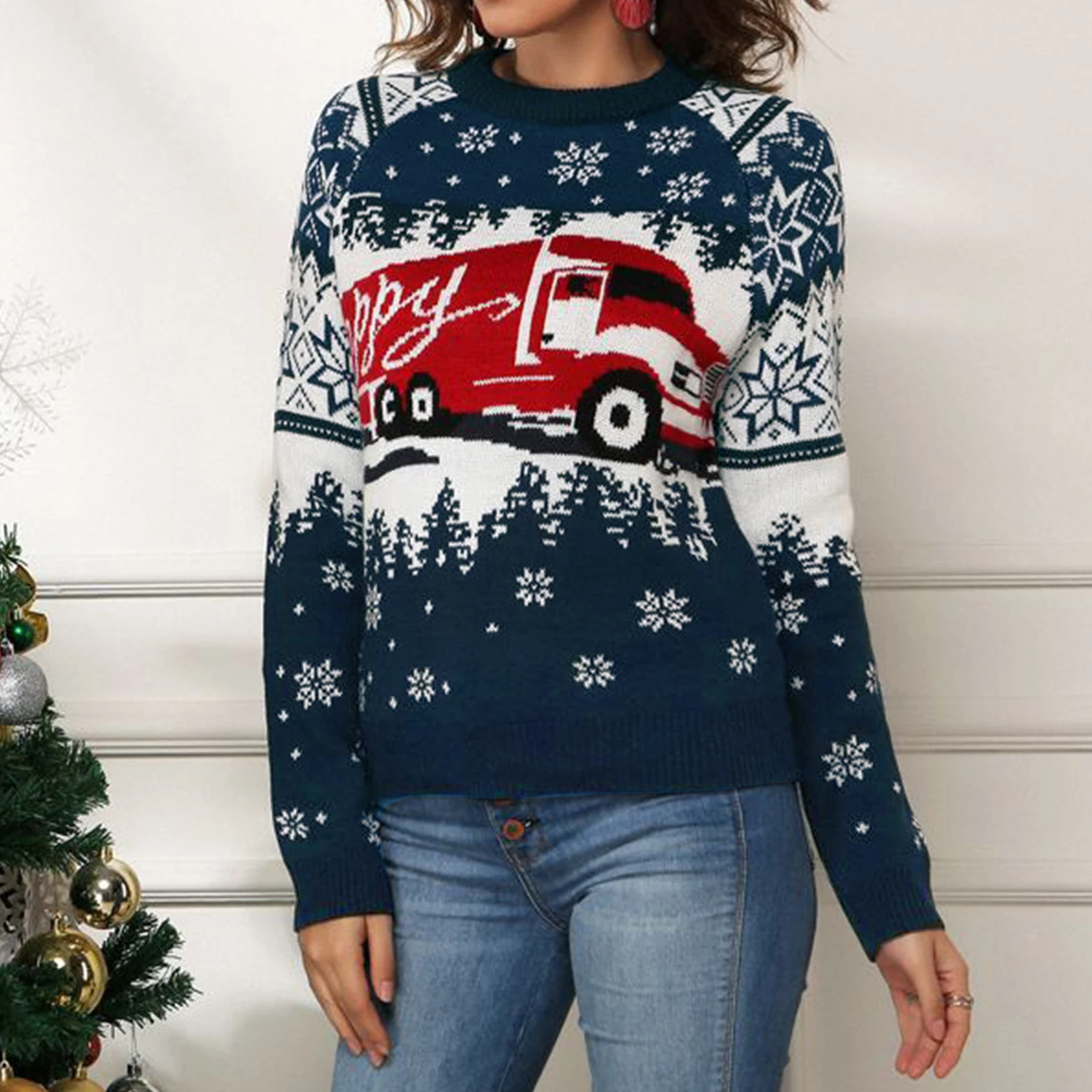 

Autumn and Winter Y2k Sweaters Christmas Style Snowflake Truck Pattern Knitted Sweater Korean Streetwear Fashion Casual Top