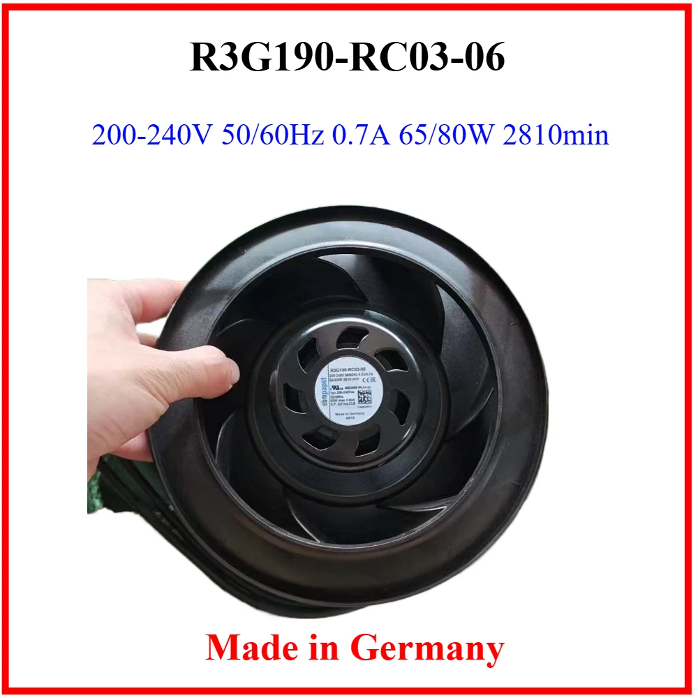 Фото R3G190-RC03-06 100% НОВЫЙ Оригинальный центробежный вентилятор ebmpapst, произведенный в Германии, 0.7A 65/80W 2810 об/мин, с регулируемой частотой вращения №2