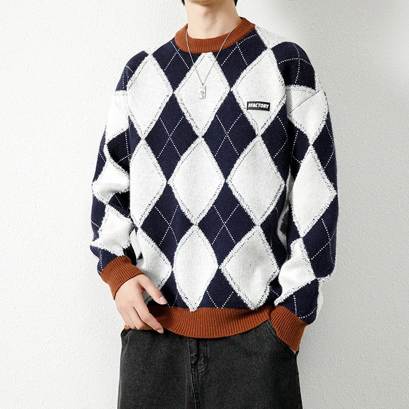 Diamond plaid round neck sweater for men  color contrast, retro casual loose knit sweater pullover, versatile sweater wholesale