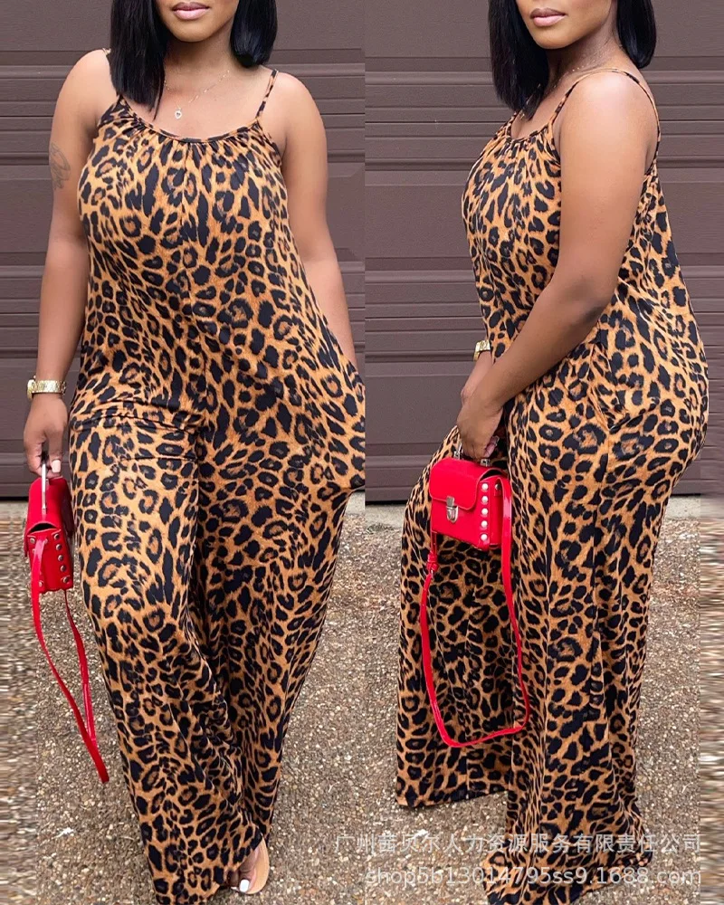 

Женский леопардовый комбинезон на бретельках, элегантный летний модный Свободный корсет без рукавов с высокой талией и широкими штанинами, один предмет