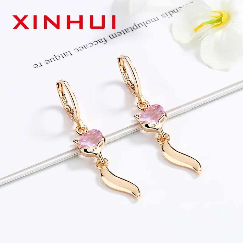 Xinhui Great Promotion 18 K Gold Cute Pink Crystal Animal fashion charm Shiny earrings ladies wedding gift anniversary metal